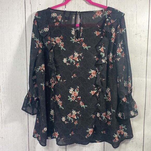 Torrid Floral Dot Print Chiffon Ruffled Smocked Bell Sleeve Top Blouse - Picture 14 of 14